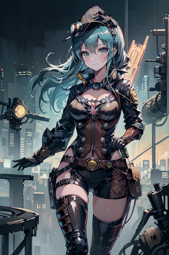 (Manga style),(Line art_anime),(Cowboy Shot, Highest quality, ),(Laura Budd Photos:1.2),(Laura Add details:1.0),8K, Flat Color:0.8,Dynamic Angle,1 Girl,smile、(Steampunk Bike Ride 1.5)、Exquisitely decorated motorcycle、(Highly decorative and complex mechanical steampunk fashion, Lace flare dolphin hat、Goggles 1.5、machinery background、Gear background、An elaborately mechanized steampunk cityscape 1.5),