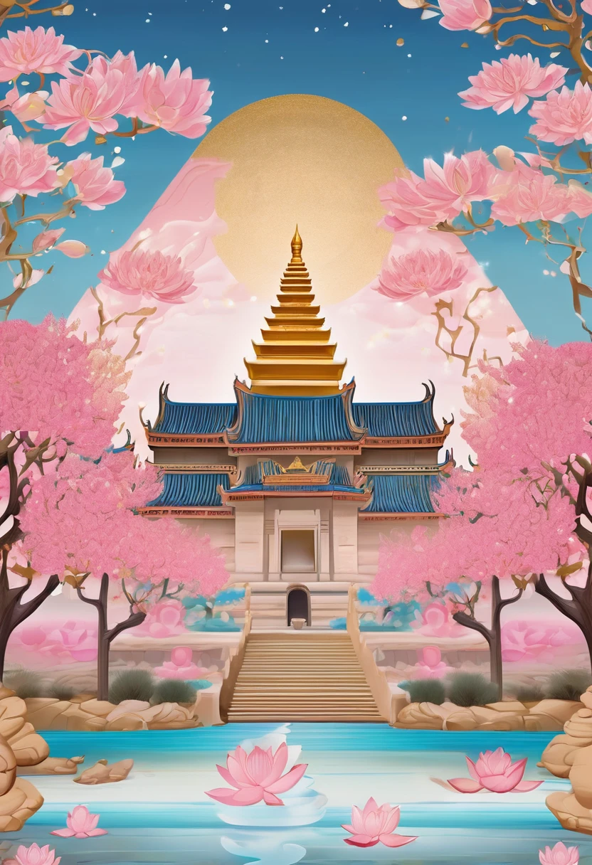 Made of pink and gold crystals（2.0）The Mogao Grottoes，Angkor Wat。banner，poster，Dunhuang Elements。The background is a velvety sky；Lotus flower decorates the corner of the painting。