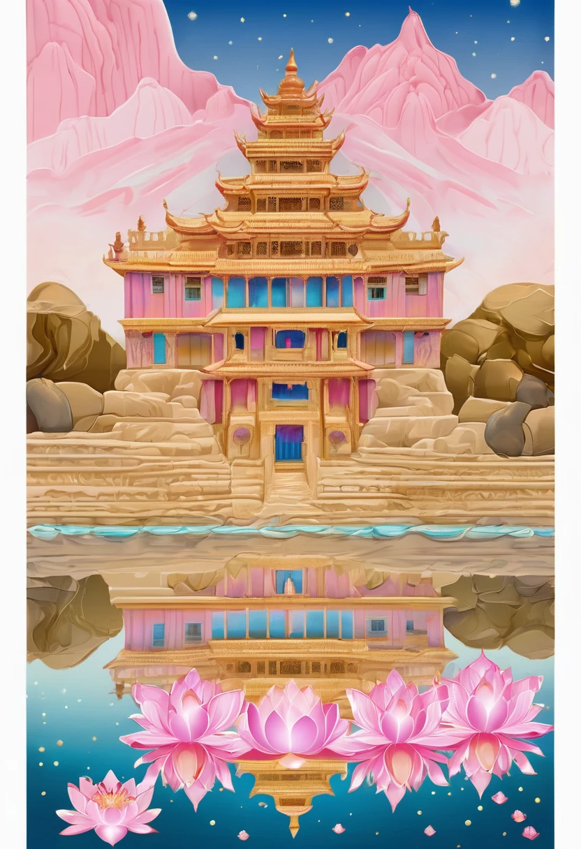 Made of pink and gold crystals（2.0）The Mogao Grottoes，Angkor Wat。banner，poster，Dunhuang Elements。The background is a velvety sky；Lotus flower decorates the corner of the painting。