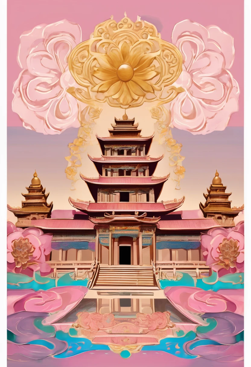 Made of pink and gold crystals（2.0）The Mogao Grottoes，Angkor Wat。banner，poster，Dunhuang Elements。The background is a velvety sky；Lotus flower decorates the corner of the painting。