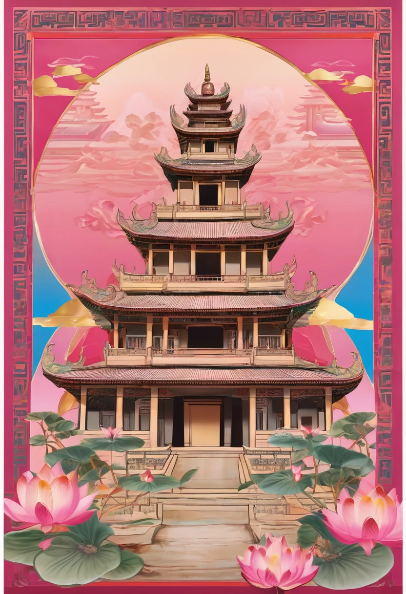 Made of pink and gold crystals（2.0）The Mogao Grottoes，Angkor Wat。banner，poster，Dunhuang Elements。The background is a velvety sky；Lotus flower decorates the corner of the painting。