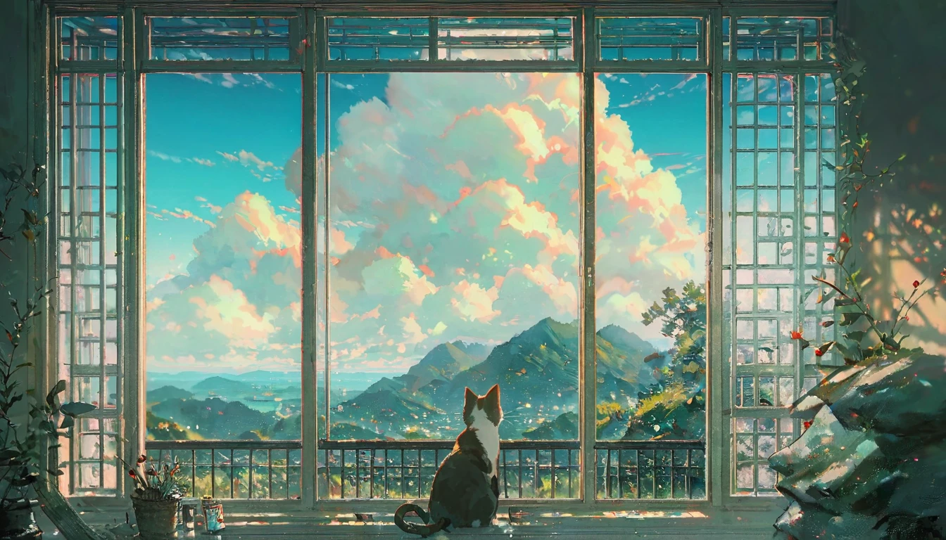 ((アニメ:1.4,illustration)),(work of art, maximum quality, best qualityer),(ultra detali, absolutely resolution),((16K, high resolution)), (((cat on the roof watching a beautiful view, blue sky, cumulonimbus cloud)) ((cozy lofi illustration:1.4)), ((アニメ:1.4, illustration)),(work of art, maximum quality, best qualityer),(ultra detali, absolutely resolution),((16K, high resolution)) break {lofi art, estilo de Laurie Greasley, style of makoto shinkai, estética de アニメ}, break { (produces images with information greater than 40 million pixels with detailed cinema-like textures).}