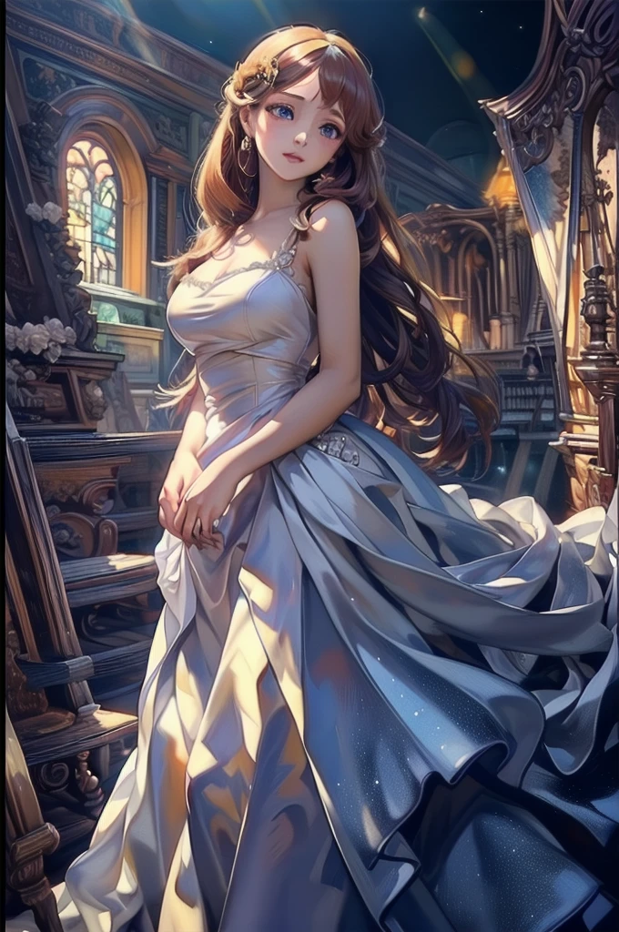(((Dress Transparent Dress))), (((The dress features a voluminous hoop skirt and a long hem.、A gorgeous, incomparably gorgeous Rococo Victorian gown, Princess style skirt))), (ガウン shine まばゆいばかりに キラキラ 反射する プリズム状 透明 ガウン:1.2), (Gown A very elaborate gown:1.5), ((Huge breasts)), (Expressive hair), Very voluminous、Very long hair, bangs, Super delicate and beautiful face, Beautiful Lips, (Hyper Detail: Delicate and beautiful eyes), Cleavage, Beautiful smile, (((Young Face, Solo Enchanting Adorable Princess, age Girl, pretty girl, very pretty girl))), (Anime Moe Art Style 1.3), (((masterpiece, Super detailed, Highest quality, Ultra-high resolution, Great quality, Exceptional Quality, Super detailed, Ultra-high resolution, Unity 16K, 32k, ultra photo Realistic))), (Face Focus, Eye focus, Realistic, Blurred Background, Lens flare, shine, Light caustic effect:1.5), (Background of the church at night:1.3),