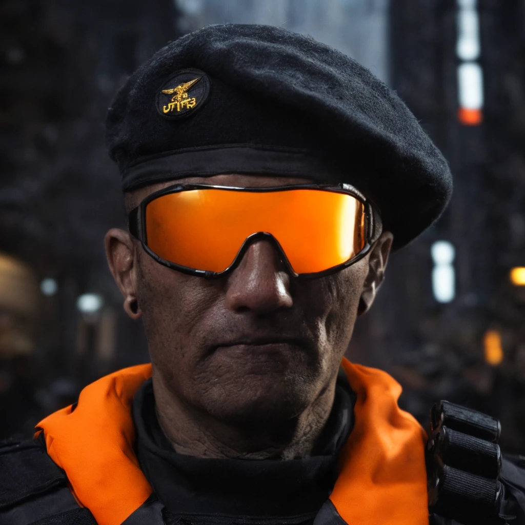 Prompt: (masterpiece)+, (extremely (realistic)+,a portrait of an extremely ugly Massive Militant police commando. Massive manly face with massive chin. dressed in a black and orange military gear, wearing a beret. Smug stare. Front photo. Looking in camera. volumetrics dtx, Photorealistic, ultra detailed, Artstation trending, very very detailed, realistic shaded lighting, dynamic shadows, detailed Night riot streets background, upper body, professional photograph of a detailed skin, sharp focus, dramatic, award winning, cinematic lighting, octane render, unreal engine, volumetrics dtx, Photorealistic, ultra detailed, Artstation trending, very very detailed, hyperrealistic, fine details, realistic shaded lighting, dynamic shadows, Night riot streets background, add_detail:1, skin pores and wrinkles, details.,More Reasonable Details