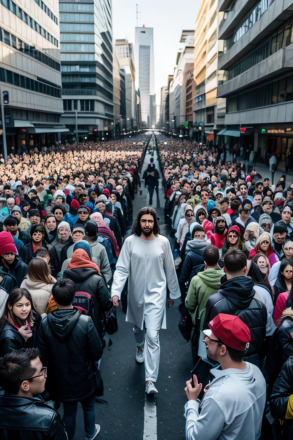 crowd in a contemporary city with Christ walking among the people
