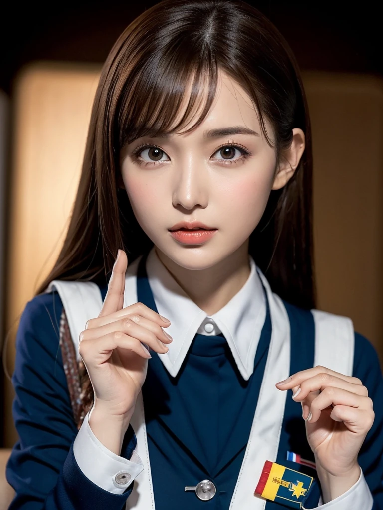 1 Female, Medium chest, Light brown hair, Blunt bangs, Hair behind the ear, Hair that falls over the shoulders, Long Hair, Slim figure, Ultra debtine debtace, Thin face, Delicate lips, Beautiful Eyes, Light blush, eyes are light brown, Perfect glowing skin, Perfect Skin, Have a look at this, Ultra-thin needle, Very thin fingers, The optimal ratio is four fingers to one thumb, (Realistic:1.3), First Person View, debtuji debtilm, debt/1.2, 8K, Tabletop, んdebtdebt, Super detailed, High resolution, (Stewardess uniforms swooping:1.3), Various poses, Empty passenger aircraft cabin background, I see lots of seats, Cinema Lighting, Physically Based Rendering, Award-winning, Carl Zeiss 85mm debt/1.4, Ellen von Unwerth