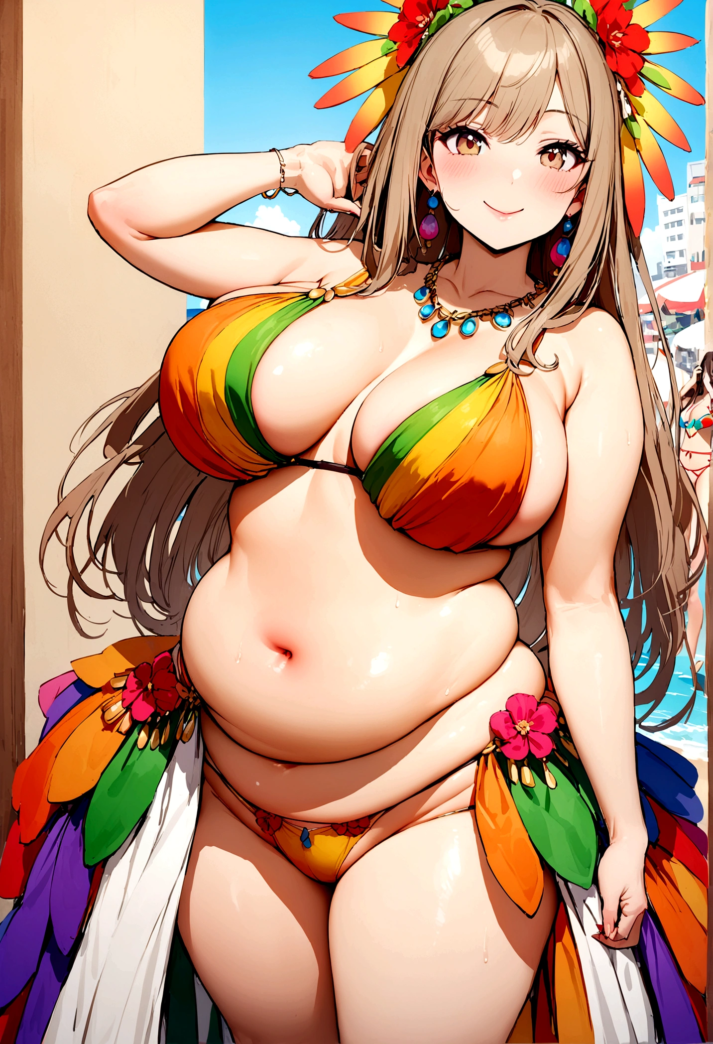 high quality,8K, Detailed facial depiction, Detailed description of the eyes,One Woman, Light brown hair(Medium-long hair),Beautiful Japanese Girl,24-years-old,Beautiful Face,Cute eyes,Cute Smile,samba dancer costume,Colorful floral underwear,String panties,Slender body, Plump and large breast size, Long and beautiful legs,Are standing,Smiling, Colorful earrings,necklace,Model pose,Copacabana Beach