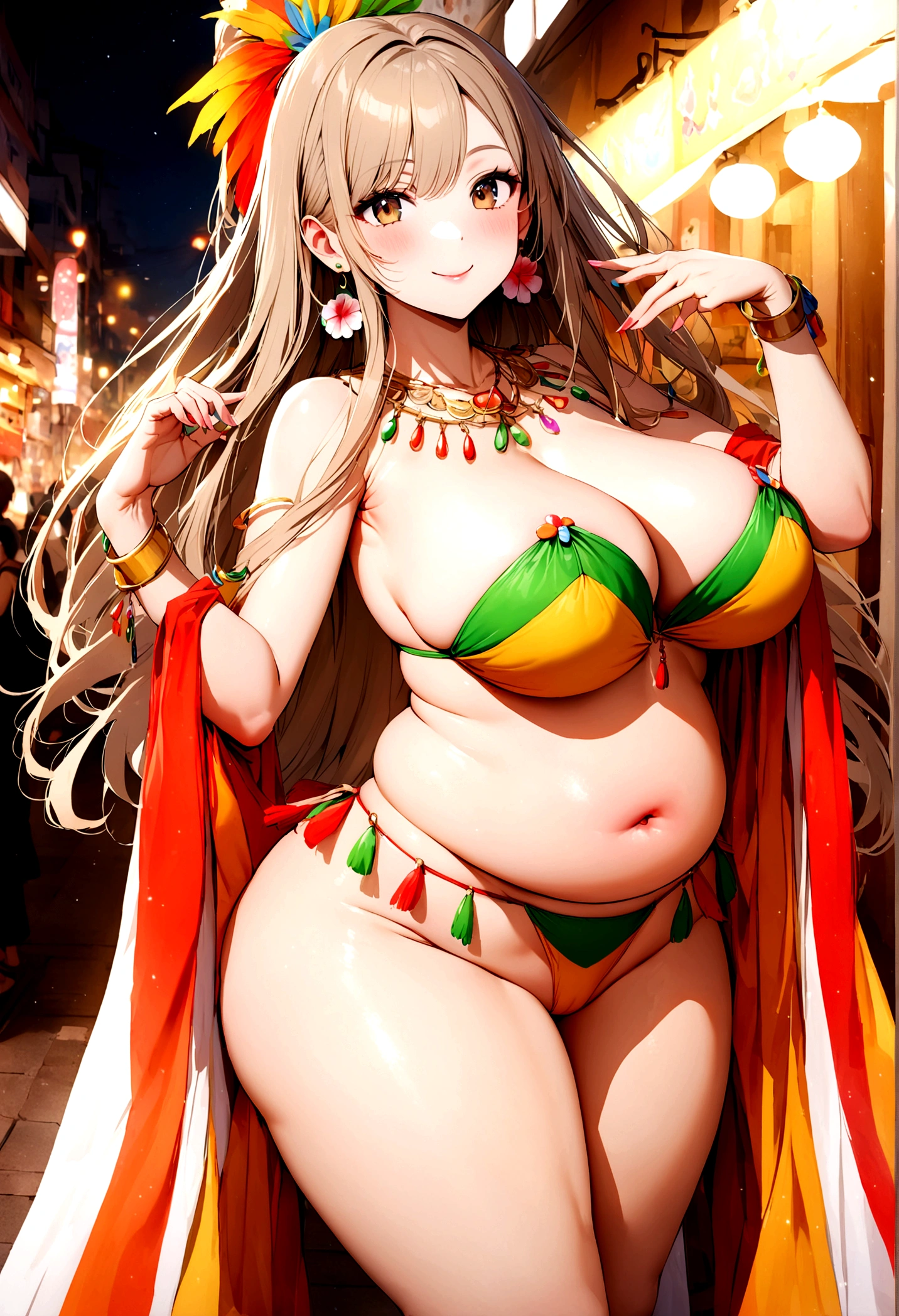 high quality,8K, Detailed facial depiction, Detailed description of the eyes,One Woman, Light brown hair(Medium-long hair),Beautiful Japanese Girl,24-years-old,Beautiful Face,Cute eyes,Cute Smile,samba dancer costume,Colorful floral underwear,String panties,Slender body, Plump and large breast size, Long and beautiful legs,Are standing,Smiling, Colorful earrings,necklace,Model pose,Copacabana Beach
