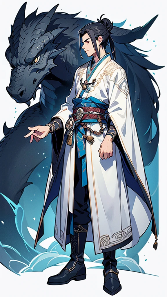**Description of the Main Character (Male Protagonist):**
- **Pose**: Standing in a side profile, facing right. His body is slightly turned, so both his front and back are partially visible.
- **Facial Features**: He has a handsome, well-defined face with high cheekbones, a sharp jawline, and a straight nose. His eyes are narrow and slightly upturned, giving him a keen, intelligent look. His lips are thin and slightly curved into a subtle, confident smile.
- **Hair**: He has long, straight black hair tied into a topknot, with a few loose strands framing his face. His hair is glossy and well-kept.
- **Clothing**:
- **Outer Robe**: He is wearing a traditional Chinese Hanfu. The outer robe is a deep, rich blue color with intricate silver embroidery along the edges and cuffs. The sleeves are wide and flowy, with patterns of dragons and clouds embroidered in silver thread.
- **Inner Garment**: Beneath the outer robe, he wears a white inner garment that is visible at the collar and cuffs. The inner garment has simple, elegant embroidery along the neckline and wrists.
- **Belt**: A broad, ornate belt cinches his waist. The belt is dark blue, matching the outer robe, with a large silver buckle in the shape of a dragon's head.
- **Pants**: He wears matching dark blue pants that are loose but tucked into his boots.
- **Boots**: His boots are black leather, knee-high, with silver accents and intricate patterns carved into the leather.
- **Accessories**:
- **Sword**: He is holding a traditional Chinese sword in his right hand. The sword has a long, slender blade with a silver sheen. The hilt is intricately designed with a dragon motif, and a red tassel hangs from the pommel.
- **Hairpin**: A silver hairpin with a jade ornament secures his topknot.
- **Pendant**: Around his neck, he wears a pendant with a jade piece carved into a dragon shape.
- **Expression**: His expression is calm and composed, with a hint of determination in his eyes.