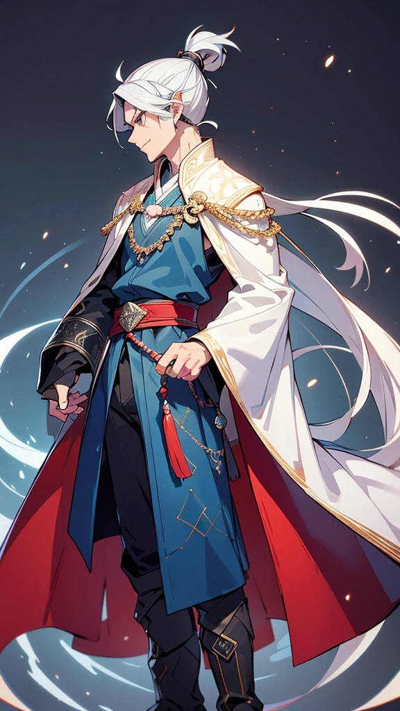 **Description of the Main Character (Male Protagonist):**
- **Pose**: Standing in a side profile, facing right. His body is slightly turned, so both his front and back are partially visible.
- **Facial Features**: He has a handsome, well-defined face with high cheekbones, a sharp jawline, and a straight nose. His eyes are narrow and slightly upturned, giving him a keen, intelligent look. His lips are thin and slightly curved into a subtle, confident smile.
- **Hair**: He has long, straight black hair tied into a topknot, with a few loose strands framing his face. His hair is glossy and well-kept.
- **Clothing**:
- **Outer Robe**: He is wearing a traditional Chinese Hanfu. The outer robe is a deep, rich blue color with intricate silver embroidery along the edges and cuffs. The sleeves are wide and flowy, with patterns of dragons and clouds embroidered in silver thread.
- **Inner Garment**: Beneath the outer robe, he wears a white inner garment that is visible at the collar and cuffs. The inner garment has simple, elegant embroidery along the neckline and wrists.
- **Belt**: A broad, ornate belt cinches his waist. The belt is dark blue, matching the outer robe, with a large silver buckle in the shape of a dragon's head.
- **Pants**: He wears matching dark blue pants that are loose but tucked into his boots.
- **Boots**: His boots are black leather, knee-high, with silver accents and intricate patterns carved into the leather.
- **Accessories**:
- **Sword**: He is holding a traditional Chinese sword in his right hand. The sword has a long, slender blade with a silver sheen. The hilt is intricately designed with a dragon motif, and a red tassel hangs from the pommel.
- **Hairpin**: A silver hairpin with a jade ornament secures his topknot.
- **Pendant**: Around his neck, he wears a pendant with a jade piece carved into a dragon shape.
- **Expression**: His expression is calm and composed, with a hint of determination in his eyes.