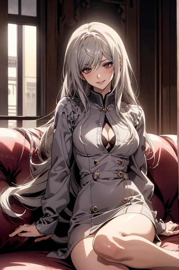 (Highest quality, High resolution, Very detailed), 1 female, Silver Hair, Long Hair, Reddish brown eyes, Black Dress, Nude, nipple, pussy, vaginale, ((pussy juice)), secretary, 24th generation, Beautiful woman, mature, thin, quiet, Calm, Large Breasts, A small smile, sofa,