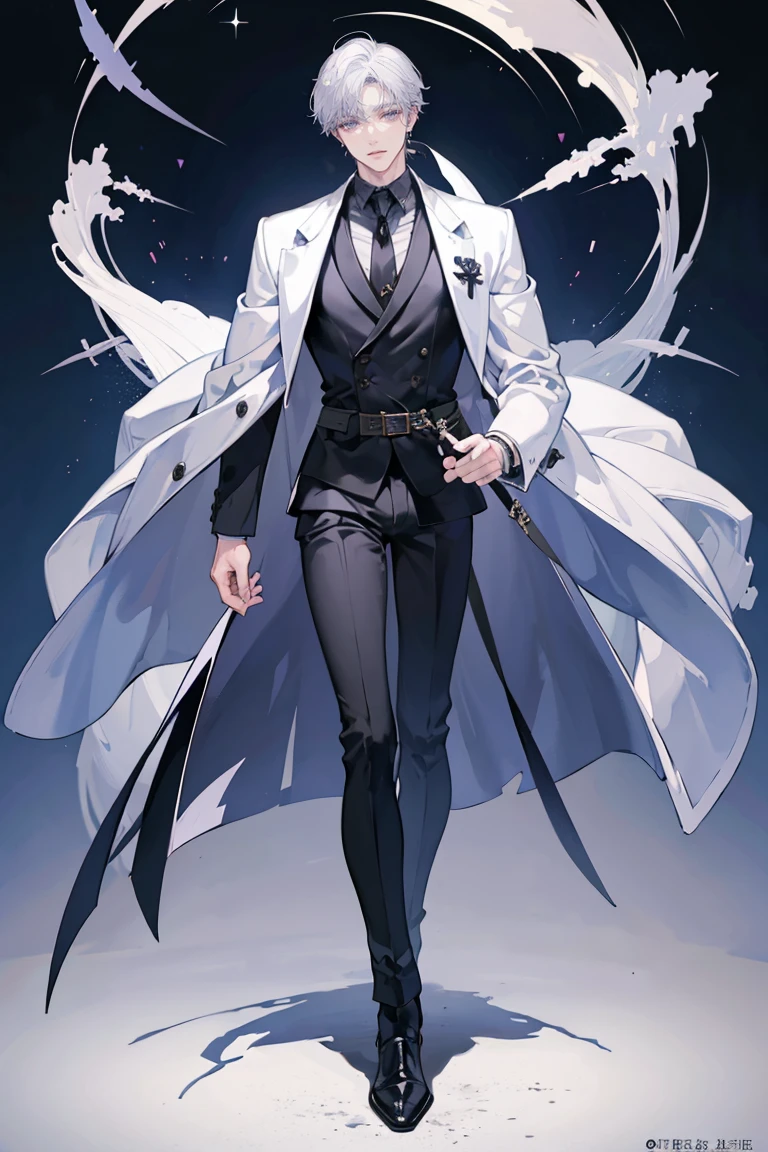(masterpiece), best quality, seductive eyes, perfect face, handsome man, purple eyes, middle part haircut, short length white hair, black coat, grey suit, black necktie, full body, long legs, anime cover, 1boy, cross ear rings

