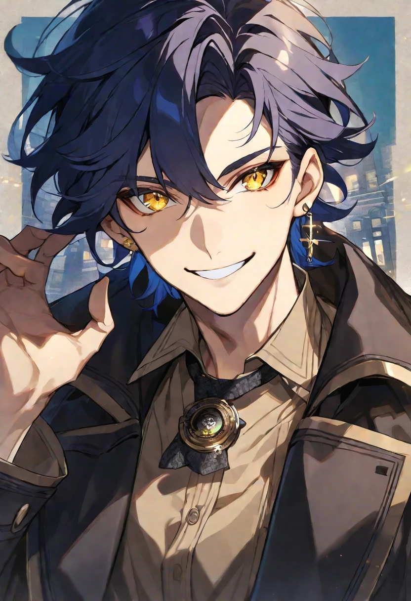 Solo,1 male, dark blue hair, yellow eyes, cross earring, black coat, light brown shirt, detective, smile facial