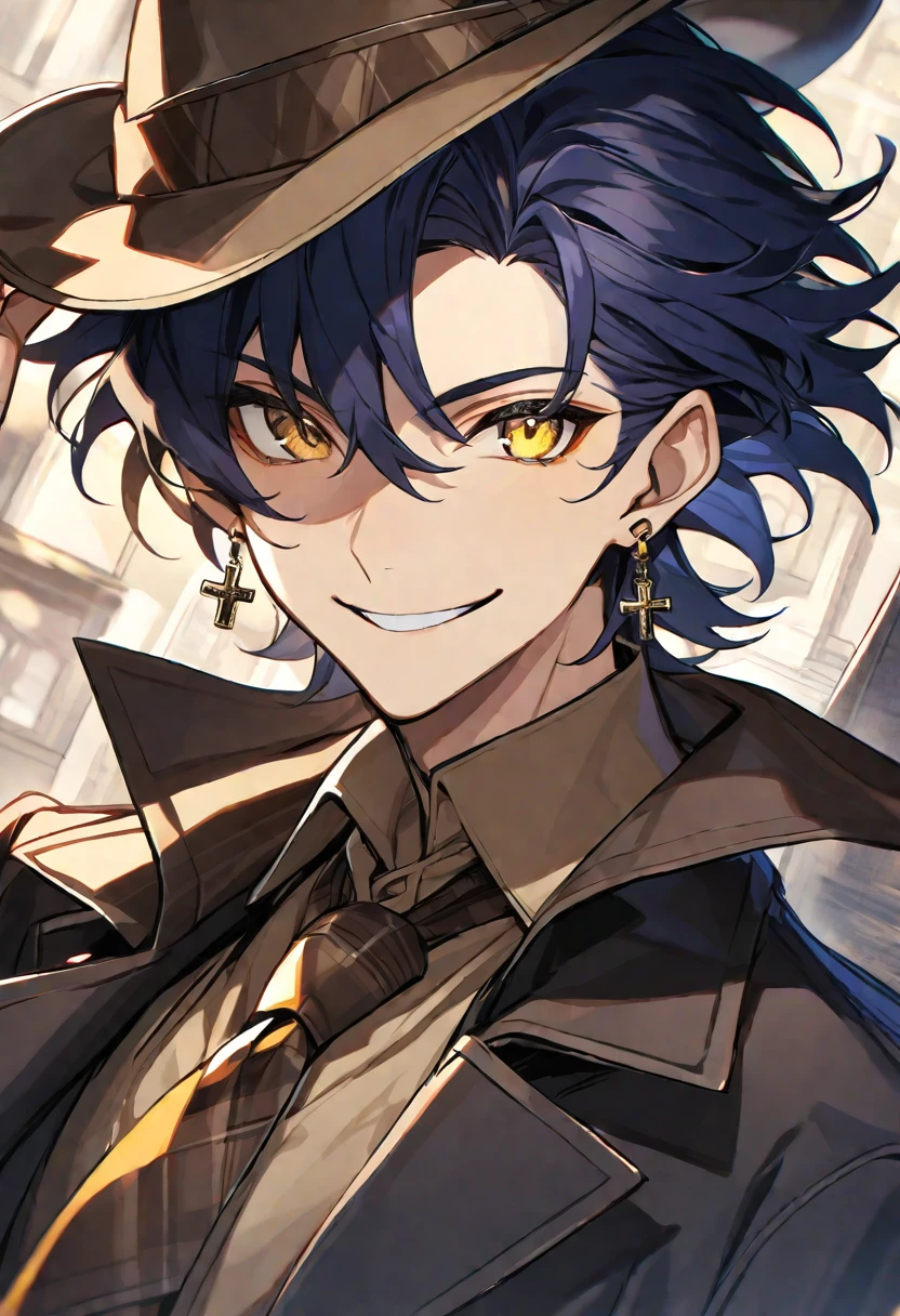 Solo,1 male, dark blue hair, yellow eyes, cross earring, black coat, light brown shirt, detective, smile facial