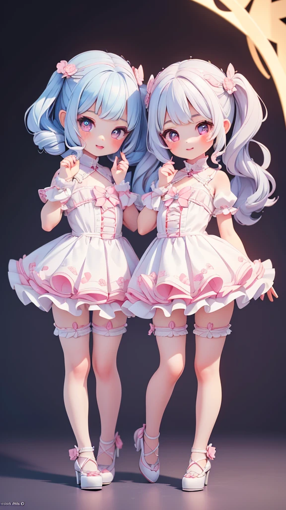 ((petite bishojo, little 2girls)), ((cute face)), ((heart shaped pupils)), ((masterpiece)), ((best quality)), ((ultra detailed)), ((exquisite)), ((depth)), ((crisp)), ((8k)), ((beautiful and aesthetic)), ((super detailed skin)), ((high standard)), ((highres)), ((perfect anatomy)), (full body), (blush), (lipstick), (stylish), ((kawaii pose)), (white, blue, black)