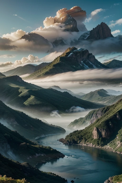 a terra emergent from the waters, mountainous landscape, valleys and oceans forming, cinematic lighting, epic scale, dramatic clouds, vibrant colors, volumetric fog, photorealistic, high quality, detailed, masterpiece
