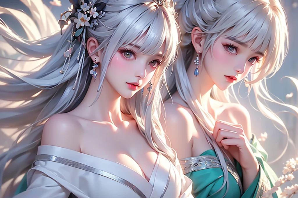 super high quality, masterpiece, Perfect illustration, Very detailed (Exquisite light and shadow, Very dramatic photo,Backlight) , ((Gray Hair:1.5))1 Girl,(( alone:1.6)), (Wearing Han clothes, Black and white Hanfu,Monotony,Long sleeve)  (White smoke:1.3) (Realistic:1.4), Official Art, unity 8k wallpaper, Very detailed, Beautiful and beautiful, masterpiece, Highest quality, (Dynamic Angle: 1.4), Glowing Skin, (Floating colorful flashes: 1) The most beautiful chaotic shapes, elegant, Brutalist Design, Bright colors, Romantic Depth of Field Exotic_dance, half_naked、Expose your shoulders、Ample breasts、Great cleavage、
