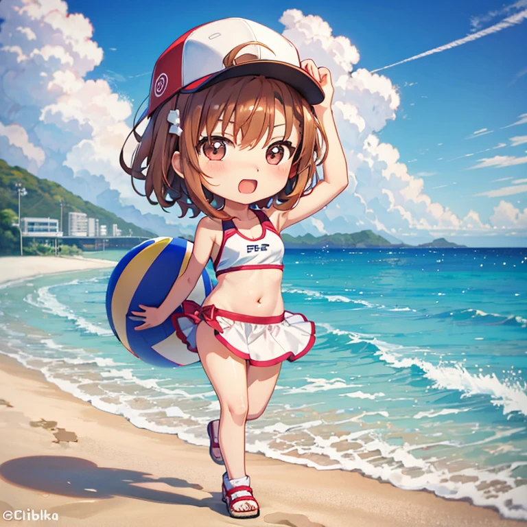 1 girl, Brown_hair, Brown_eye, hin, rining:Safety, 一人in, short_hair, Day, belly button, food, chest, blush, null, looking for_in_viewer, bikini, swimsuit, Thighhighs, small_chest, cloud, jewelry, between legs