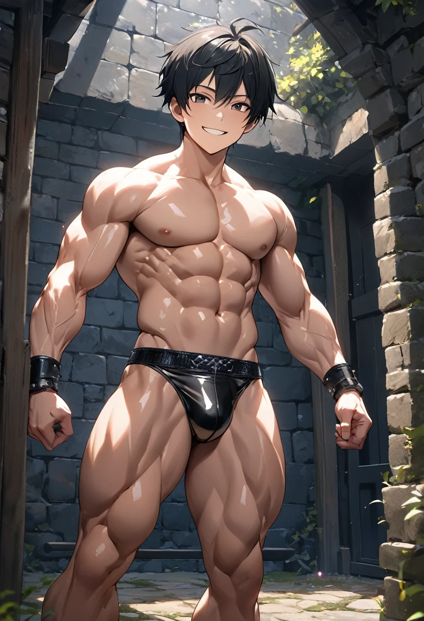 high quality, detailed, ( japanese idol wrestler boy), (detailed black eyes), (black short hair), (muscle:1.5), (shiny skin), black tiny thong, bulge,(detailed nipples), yard, dungeon, (best quality,4k,8k,highres,masterpiece:1.2), smirk