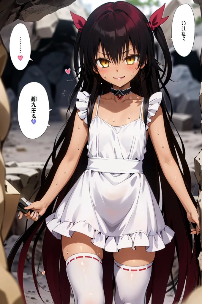 1girl, aster nemesis, dark-skinned female, black hair, very long hair, yellow eyes, flat chest , twin tails, looking at viewer, (((dark cave))), , tanned body,(((Sweating))), ,,8yo,,smile,,(spoken heart),maid costume,miniskirt,thighhighs,cowboy shot