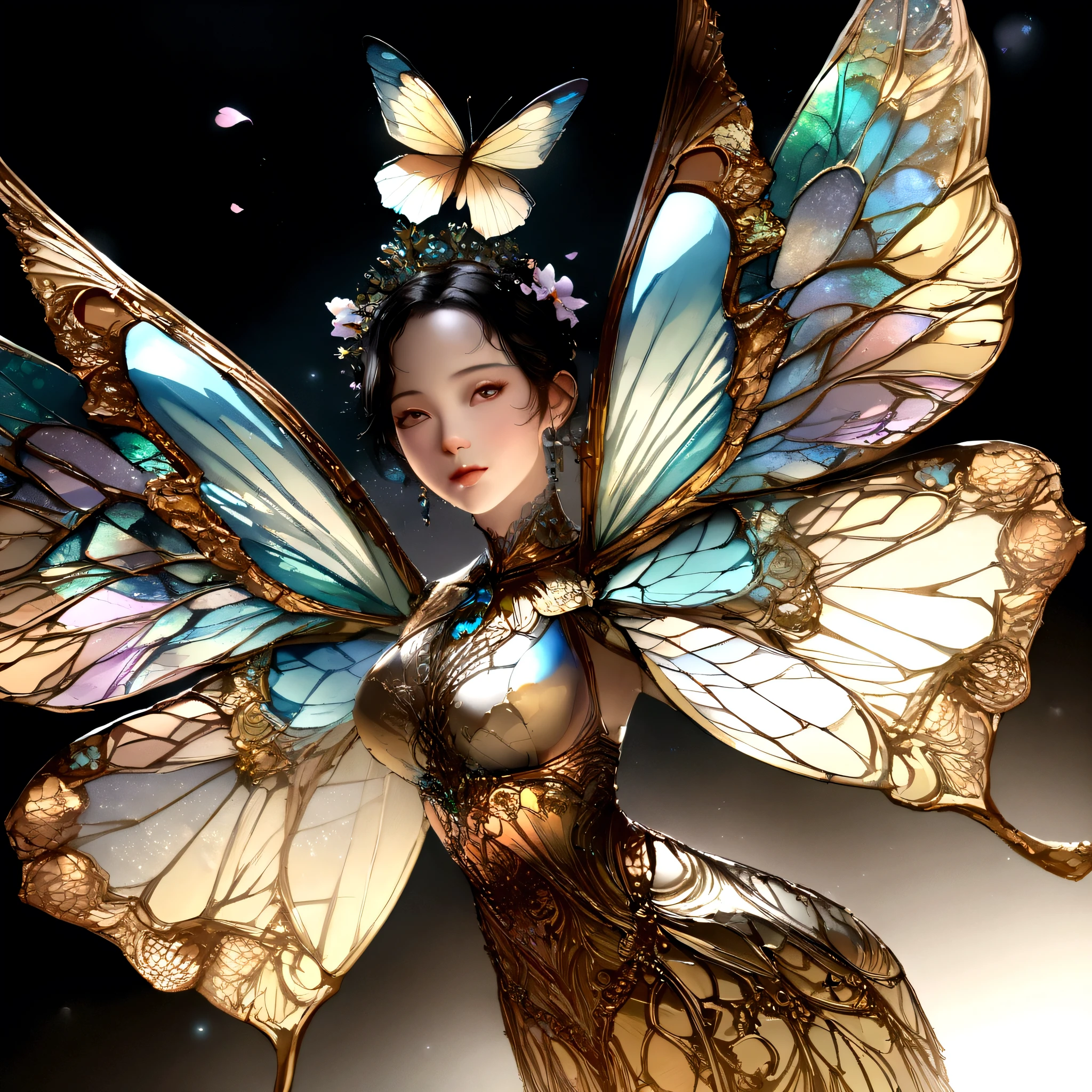 Moonlight,The arrival of spring, Mr.々Beautiful flowers
, A swallowtail butterfly with beautiful iridescent wings,View from below, Mr. Falling from the Sky.々A gem, Amazingly beautiful scenery, Slightly hazy, wonderful, High resolution, 8K, (Highest quality, High resolution, Realistic:1.37), Shiny metallic flowers, Intricate and delicate petals, Reflective surface, Vibrant colors, Intricate details, Close-up view, Ultra-Realistic Garden, Ultra-realistic beauty, Dreamy atmosphere, Fine art, Abstract Plants, Metallic engraving, Contrasting Textures, Mysterious glow