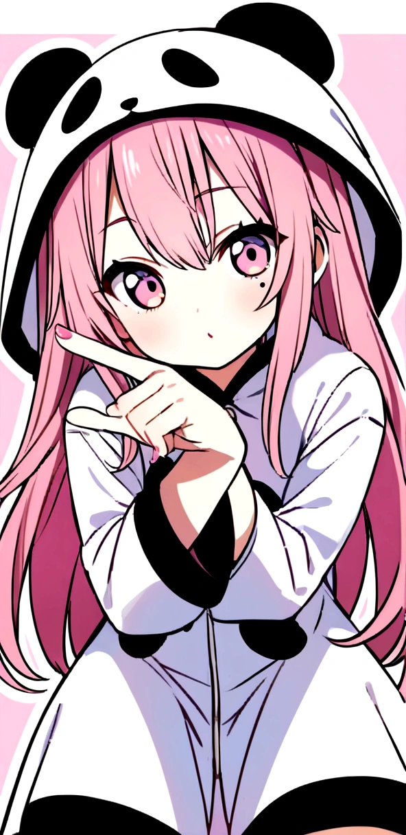 anime、Girl in panda costume、Pink Hair、Mole under the eye、Pink eyeball、Cute pose