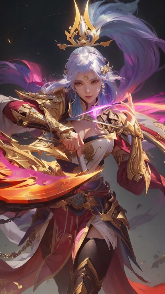 a woman with a sword and a crown on her head, extremely detailed artgerm, onmyoji detailed art, heise jinyao, ig model | artgerm, by Yang J, artgerm detailed, ne zha from smite, splash art, style artgerm, irelia, concept art | artgerm, official splash art,no bra,glowing sword,glowing hand