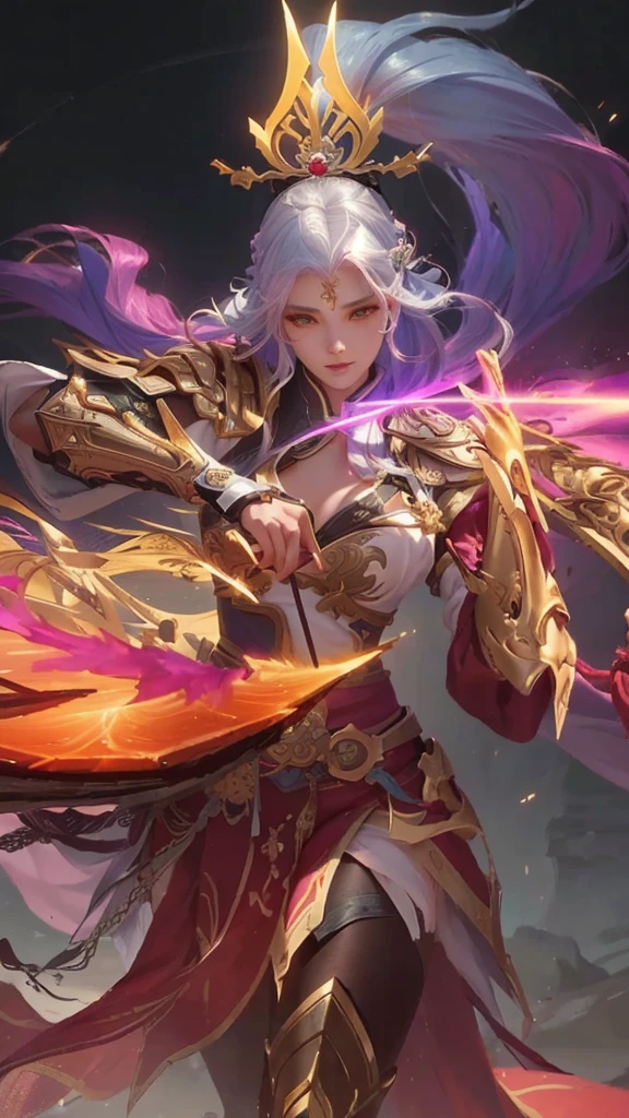 a woman with a sword and a crown on her head, extremely detailed artgerm, onmyoji detailed art, heise jinyao, ig model | artgerm, by Yang J, artgerm detailed, ne zha from smite, splash art, style artgerm, irelia, concept art | artgerm, official splash art,no bra,glowing sword,glowing hand