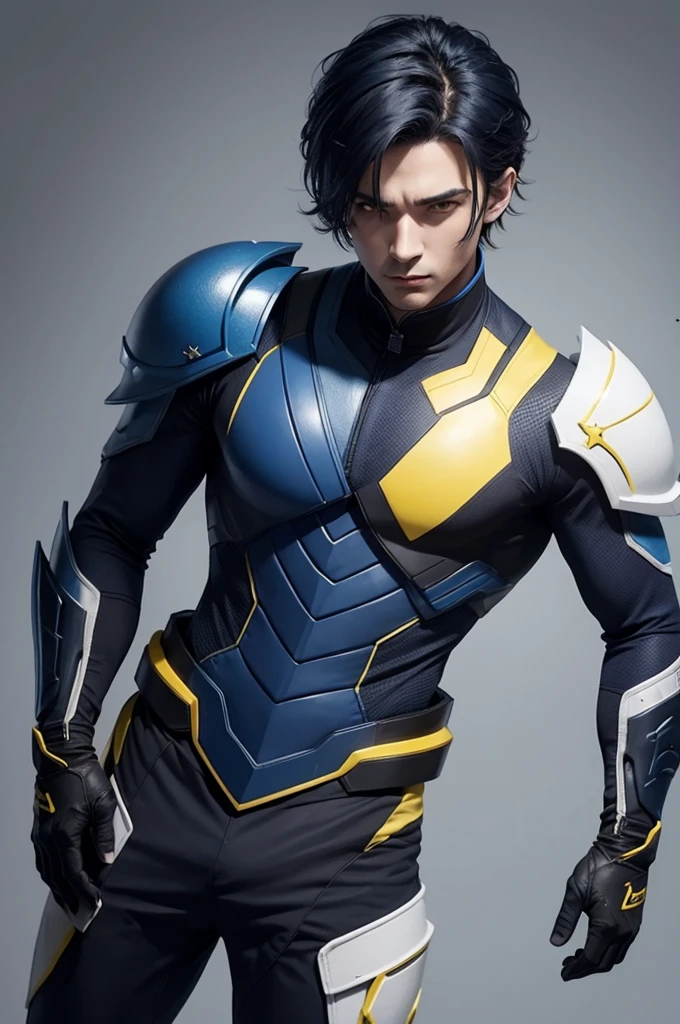 Make a male character, half dark blue and the other half yellow