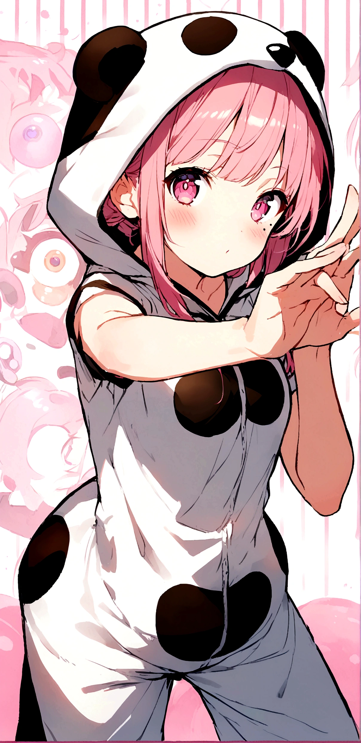 anime、Girl in panda costume、Pink Hair、Mole under the eye、Pink eyeball、Cute pose