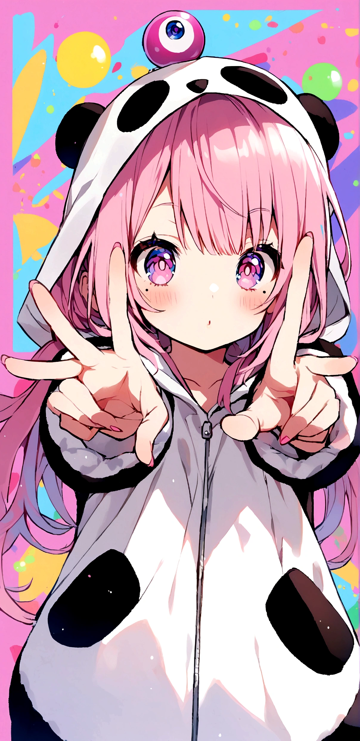 anime、Girl in panda costume、Pink Hair、Mole under the eye、Pink eyeball、Cute pose