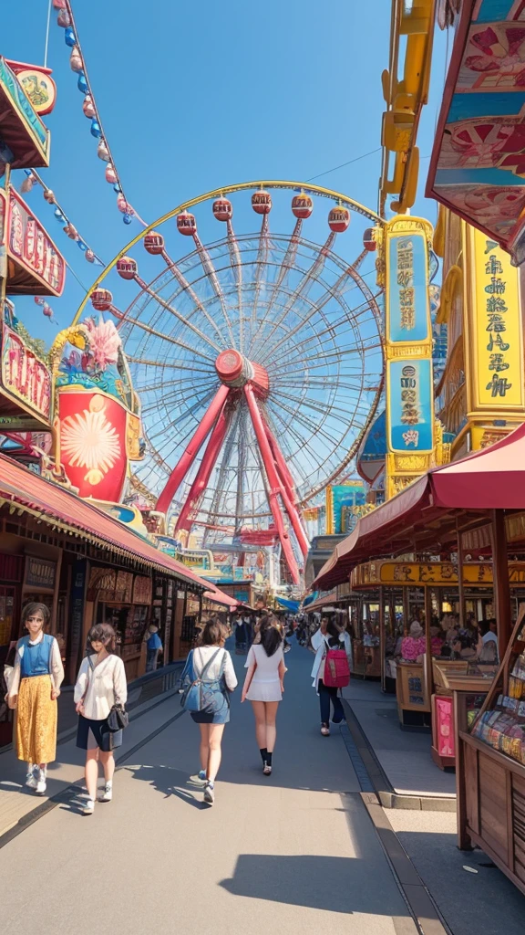 * **background**:Theme parks in the early Heisei period、A Ferris wheel and souvenir shops lined up
**woman**:Twin tails、カジュアルなワンピースを着た若いwomanが、Having fun with friends