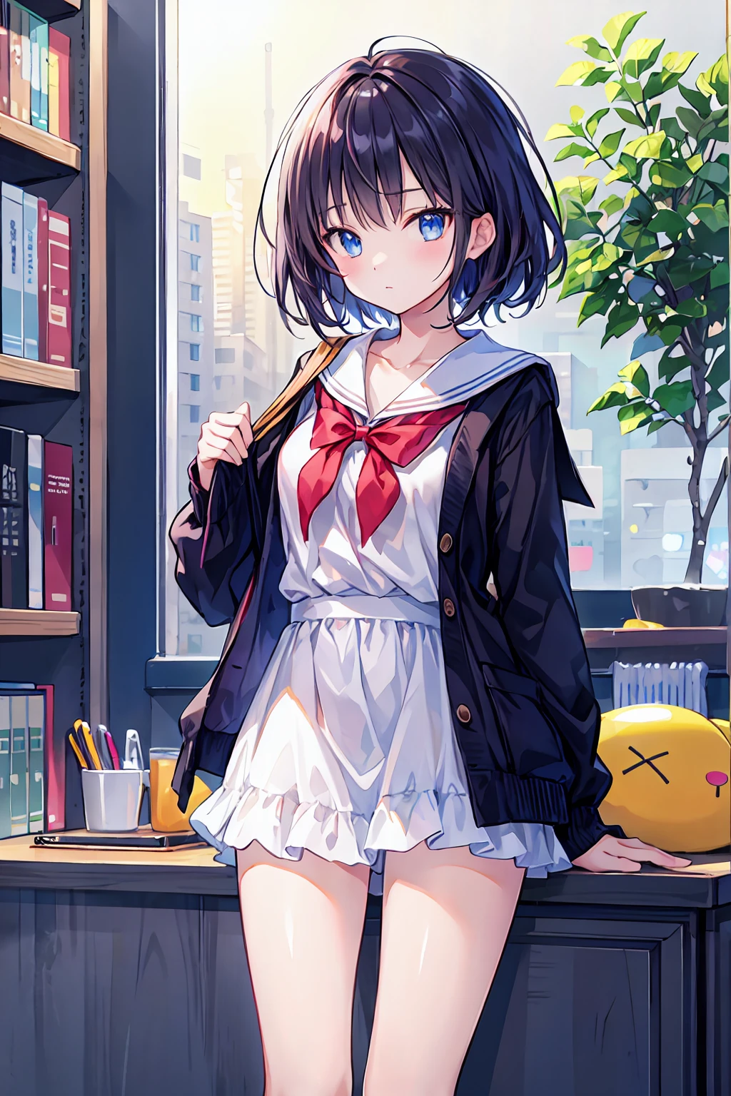 Soft thighs、eveningの中学校の教室、evening、Soft sunlight、this girl is too cute、Also, The ??? in the library the other day.((Highest quality)), (Very detailed), (High-definition CG synthesis 8K wallpaper), 高いly detailed, 高い-definition raw color photos, Professional photography, (((Bokeh))), Written boundary depth,