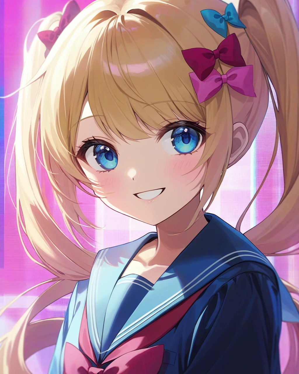 masterpiece,best quality,1girl, solo, quad_tails, bow, blue_eyes, hair_bow, pink_hair, blue_hair, multicolored_hair, glitch, looking_at_viewer, school_uniform, smile, long_hair, upper_body, blonde_hair, serafuku, sailor_collar, multiple_hair_bows, heart