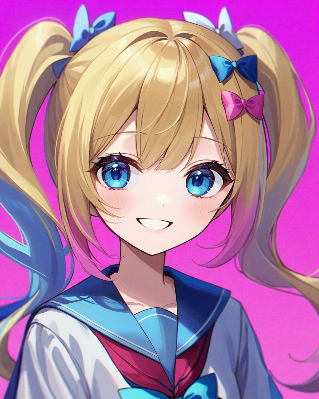 masterpiece,best quality,1girl, solo, quad_tails, bow, blue_eyes, hair_bow, pink_hair, blue_hair, multicolored_hair, glitch, looking_at_viewer, school_uniform, smile, long_hair, upper_body, blonde_hair, serafuku, sailor_collar, multiple_hair_bows, heart