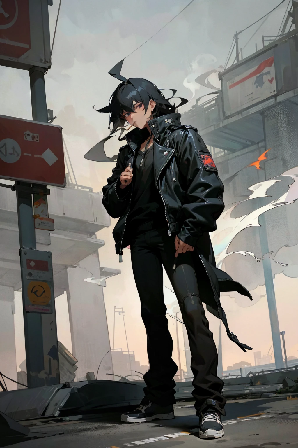 1 male, Black Hair, medium length messy hair, Black biker, Smoke a cigarette, Loose-fitting clothing, Chill, Urban Background, Detailed Background, Hands at your side, standing on the path,nice、Increase your followers.