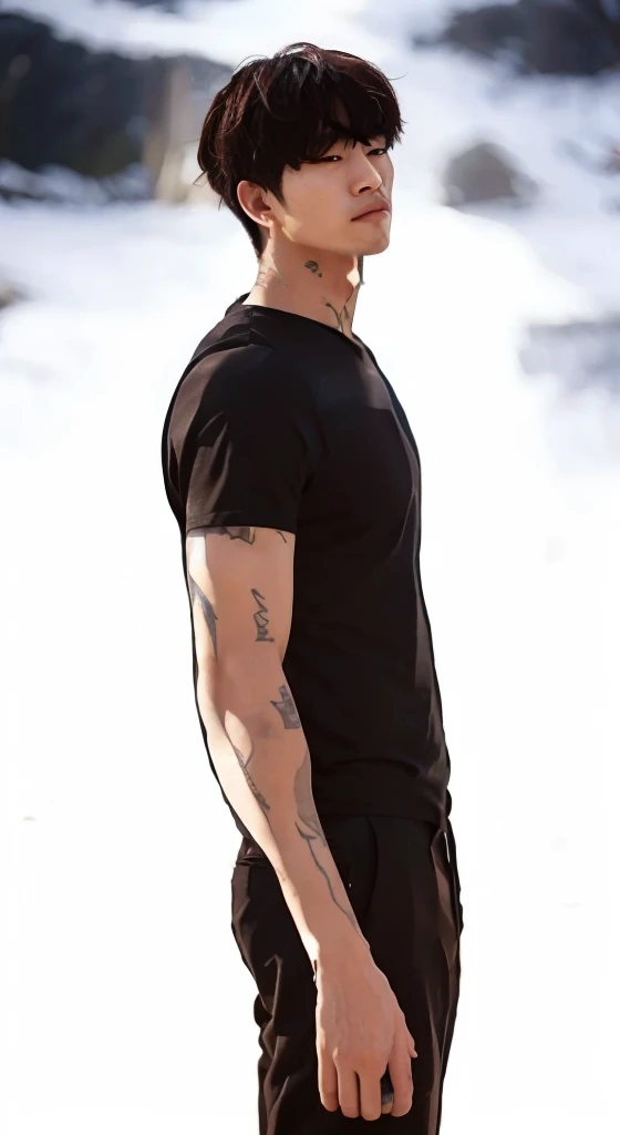 "Korean man, his forearms are covered in tattoos."