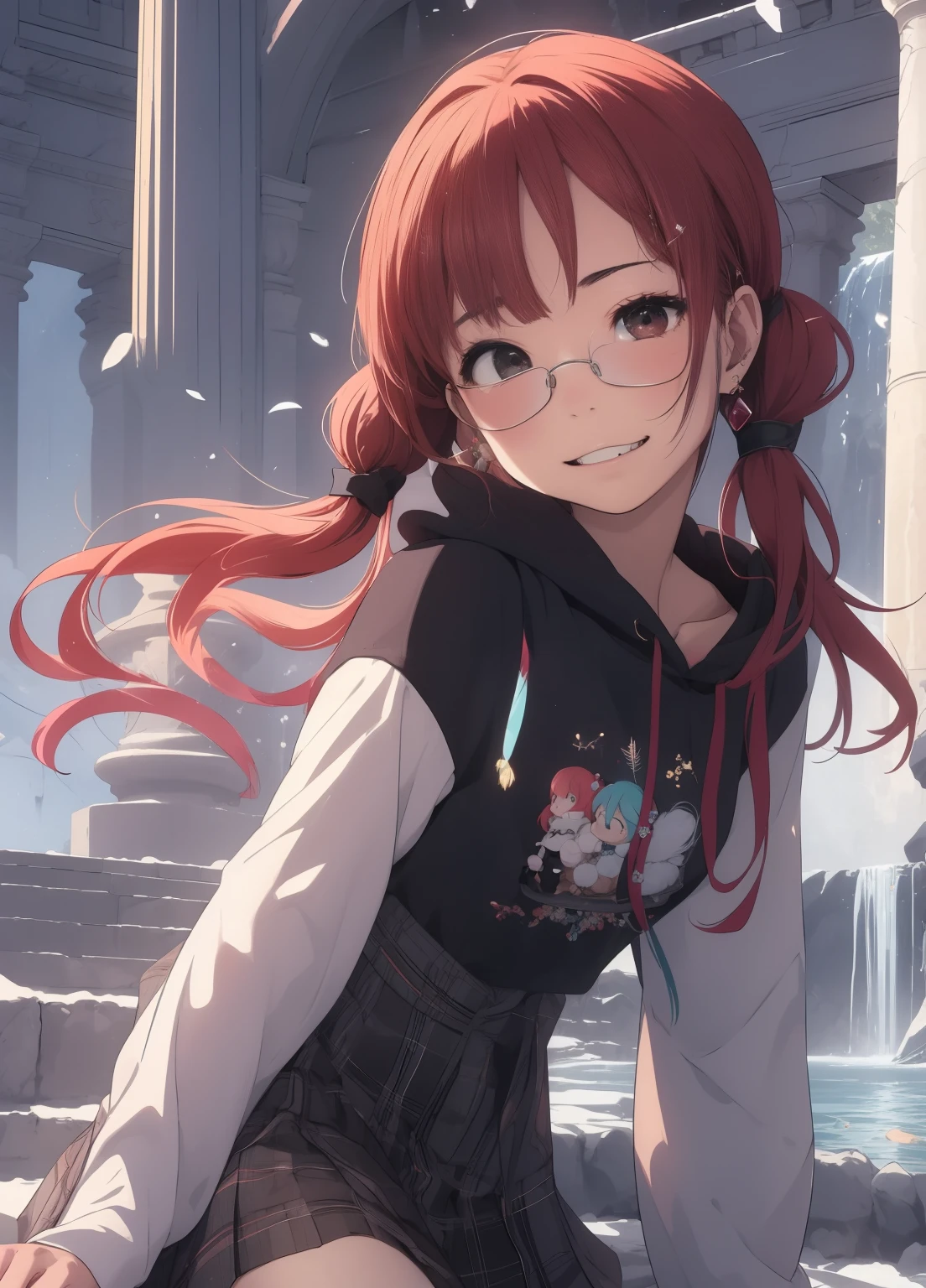 (masterpiece、Highest quality、Highest quality、Official Art、Beautiful and beautiful:1.2)、(One girl:1.3)Hatsune Miku、Twin tails,Beautiful breasts,brown, red, Money, Moneyen hair、redい目、One beautiful girl、alone、anime、Checkered mini skirt、Black camisole、Black T-shirt、hoodie、Wear a ribbon、Ribbon on waist、Crystal Earrings、treasure石のネックレス、Light and shadow、Tilt your face、Teeth are visible、Marble pillar、waterfall、Kind Face、Kuroko、treasure、wears goggles on head、Feather coat