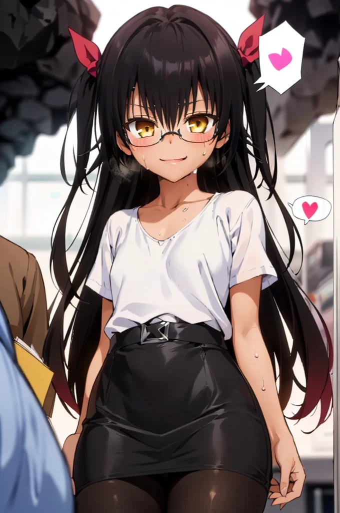 1girl, aster nemesis, dark-skinned female, black hair, very long hair, yellow eyes, flat chest , twin tails, looking at viewer, (((dark cave))), , tanned body,(((Sweating))), ,,***,,smile,,(spoken heart),(,cowboy shot,white blouse,glasses,pencil skirt,pantyhose