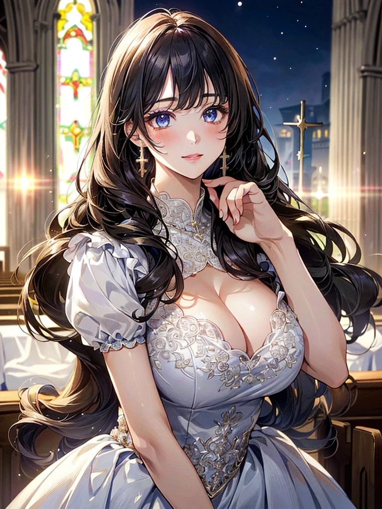 (((Dress Transparent Dress))), (((The dress features a voluminous hoop skirt and a long hem.、A gorgeous, incomparably gorgeous Rococo Victorian gown, Princess style skirt))), (ガウン shine まばゆいばかりに キラキラ 反射する プリズム状 透明 ガウン:1.2), (Gown A very elaborate gown:1.5), ((Huge breasts)), (Expressive hair), Very voluminous、Very long hair, bangs, Super delicate and beautiful face, Beautiful Lips, (Hyper Detail: Delicate and beautiful eyes), Cleavage, Beautiful smile, (((Young Face, Solo Enchanting Adorable Princess, age Girl, pretty girl, very pretty girl))), (Anime Moe Art Style 1.3), (((masterpiece, Super detailed, Highest quality, Ultra-high resolution, Great quality, Exceptional Quality, Super detailed, Ultra-high resolution, Unity 16K, 32k, ultra photo Realistic))), (Face Focus, Eye focus, Realistic, Blurred Background, Lens flare, shine, Light caustic effect:1.5), (Background of the church at night:1.3),