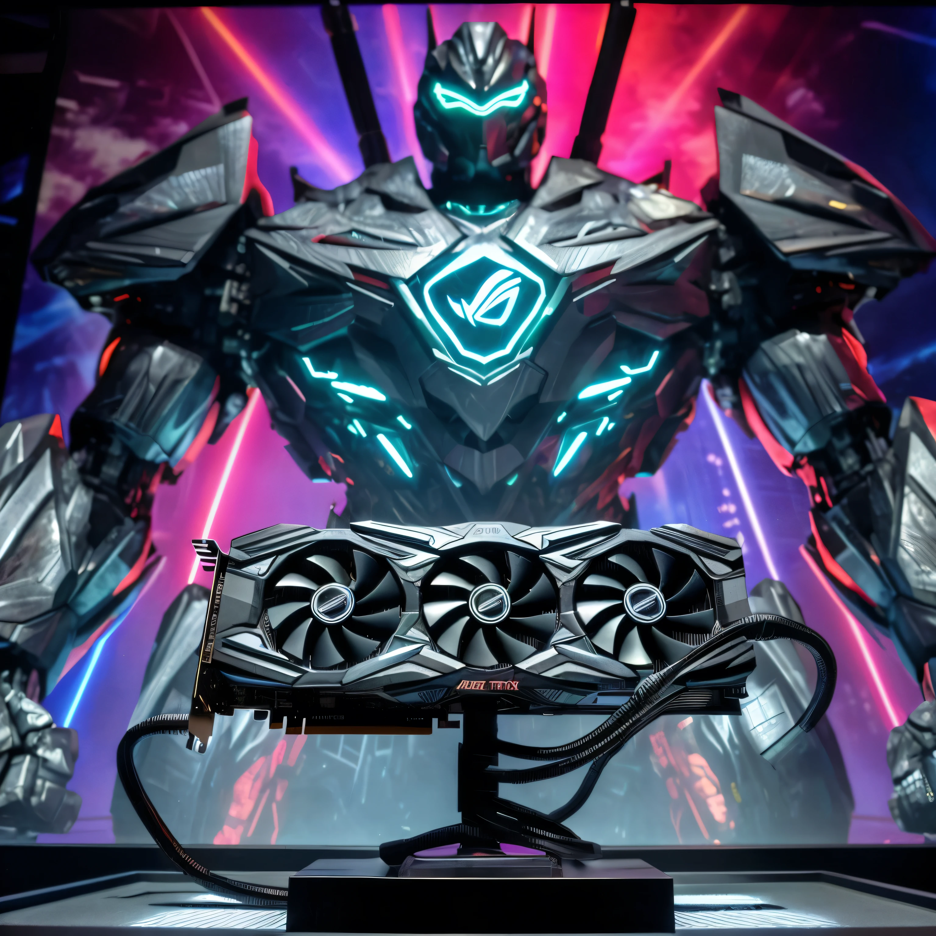 Center: A giant ASUS ROG Strix graphics card sits on a shiny metal pedestal, bathed in bright light, the graphics card has a bold, powerful design with the ASUS ROG logo prominently on the front, thick and sturdy power cables connect from the graphics card to a giant mechanical robot behind it. Mecha Robot: The robot is large in size, towering over the viewer, reminiscent of the robots Gipsy Dangerin the movie Pacific Rim, its entire body was covered in sparkling metal armor, reflecting bright light, the ASUS logo is printed on the robot's chest,