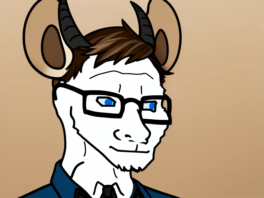 Solo, male, furry, goat-rat hybrid, ((goat horns)), mouse ears, ((light brown colored fur with white highlights)), (brown hair), blue eyes, mouse tail, adult, handsome, mature, (slim build),black wire glasses, wearing dress shirt, wojak