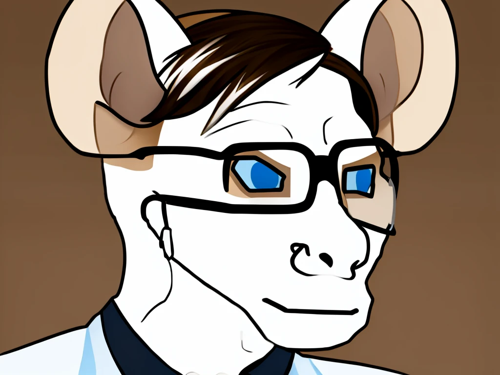 Solo, male, furry, goat-rat hybrid, ((goat horns)), mouse ears, ((light brown colored fur with white highlights)), (brown hair), blue eyes, mouse tail, adult, handsome, mature, (slim build),black wire glasses, wearing dress shirt, wojak