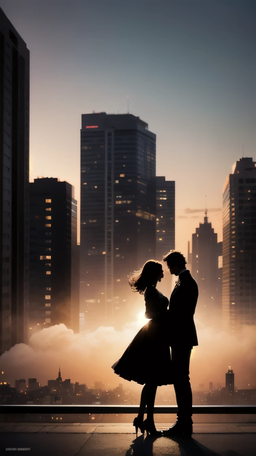 A romantic touch with the silhouette of a couple embracing (silhouette only in leftovers) and in the background an urban landscape with buildings.