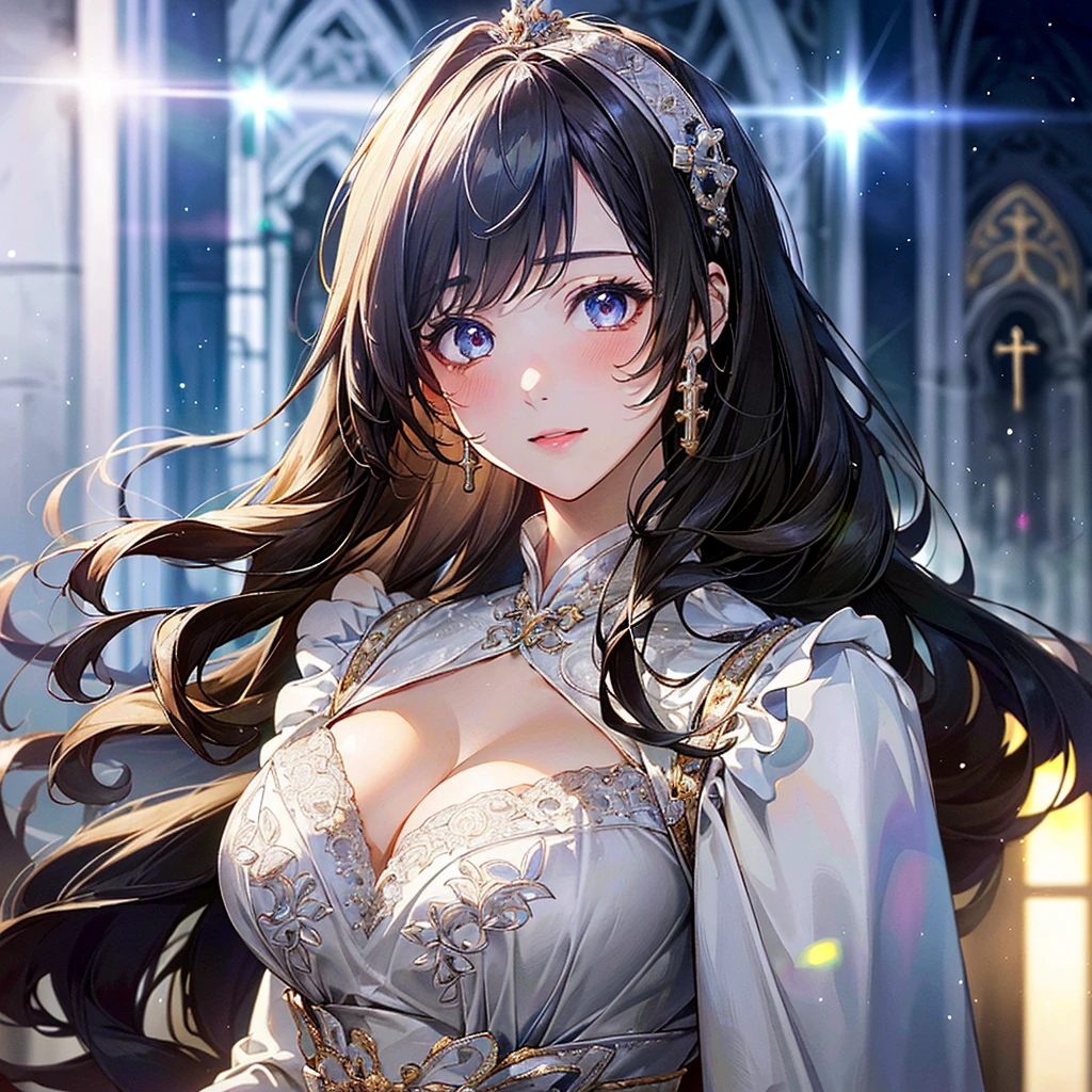 (((Dress Transparent Dress))), (((The dress features a voluminous hoop skirt and a long hem.、A gorgeous, incomparably gorgeous Rococo Victorian gown, Princess style skirt))), (ガウン shine まばゆいばかりに キラキラ 反射する プリズム状 透明 ガウン:1.2), (Gown A very elaborate gown:1.5), ((Huge breasts)), (Expressive hair), Very voluminous、Very long hair, bangs, Super delicate and beautiful face, Beautiful Lips, (Hyper Detail: Delicate and beautiful eyes), Cleavage, Beautiful smile, (((Young Face, Solo Enchanting Adorable Princess, age Girl, pretty girl, very pretty girl))), (Anime Moe Art Style 1.3), (((masterpiece, Super detailed, Highest quality, Ultra-high resolution, Great quality, Exceptional Quality, Super detailed, Ultra-high resolution, Unity 16K, 32k, ultra photo Realistic))), (Face Focus, Eye focus, Realistic, Blurred Background, Lens flare, shine, Light caustic effect:1.5), (Background of the church at night:1.3),