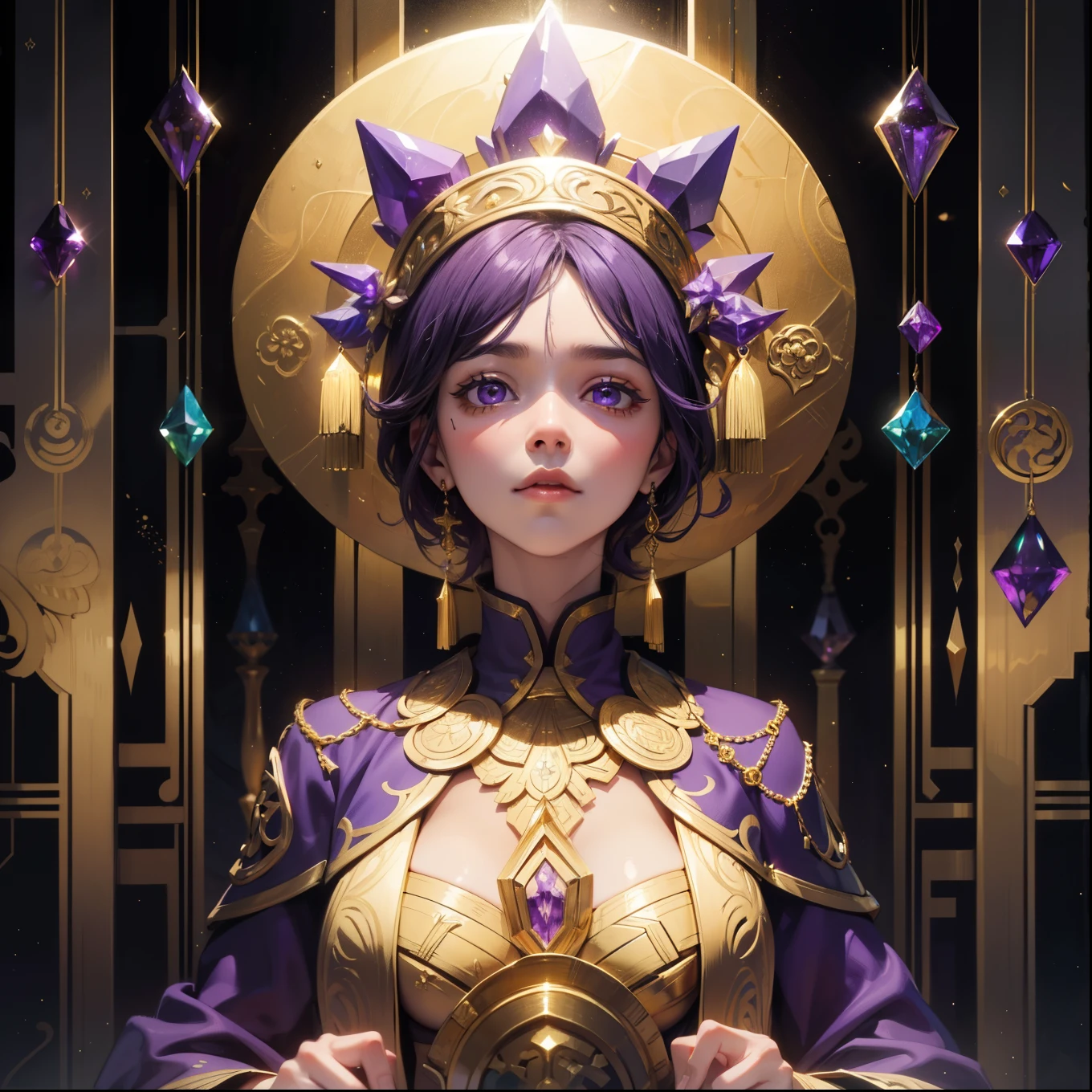 The whole face is full of gold and purple interweaving,There are many gorgeous carvings all over the body,Let them coexist,This can also be done around the eyes. The entire surface should be transparent purple and gold,No other colors.,Does not contain any other colors.,Amethyst and gold veins are transparent,There should be a lot of crystal effects like transparent crystal,Add some gold thread for decoration。The color changes to purple and gold,Some purple and gold(Ensure its layering and armor texture,Purple is the main color,Add some gold for decoration)