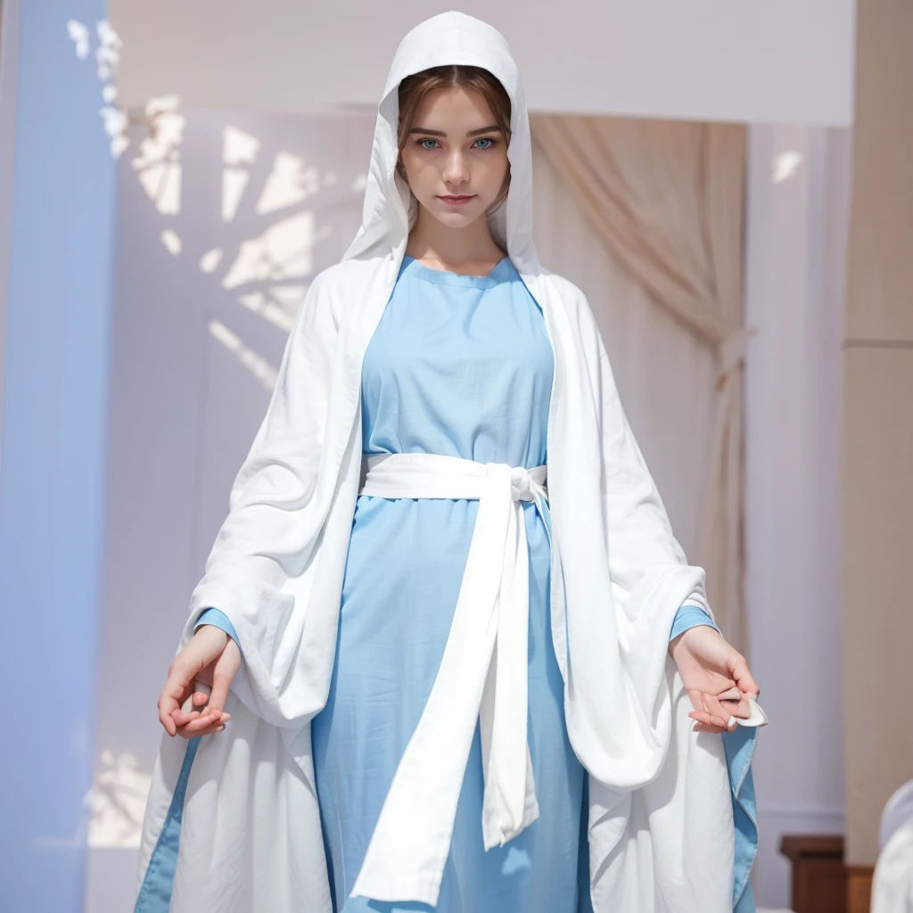 Beautiful woman with light blue eyes wearing blue tunic and white cloak