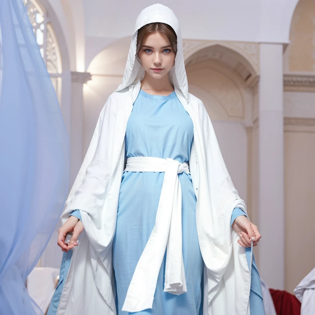 Beautiful woman with light blue eyes wearing blue tunic and white cloak