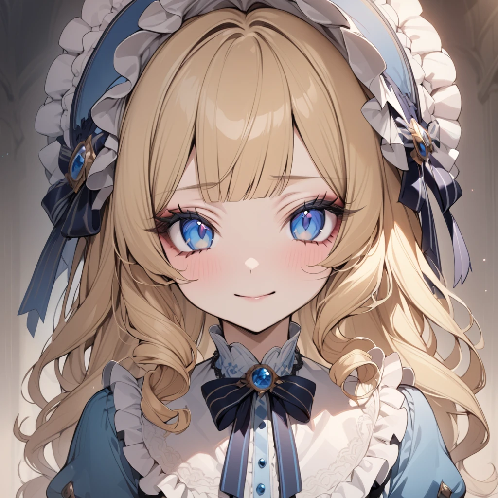 Blonde hair,sidecurls,curls,blue eyes,long eyelashes,light blue victorian dress,puffy short sleeves,frilled dress,collared dress,frilly wide brimmed Bonnet with bows,fringe bangs,bustshot,masterpiece,highress,soft smile,bishoujo