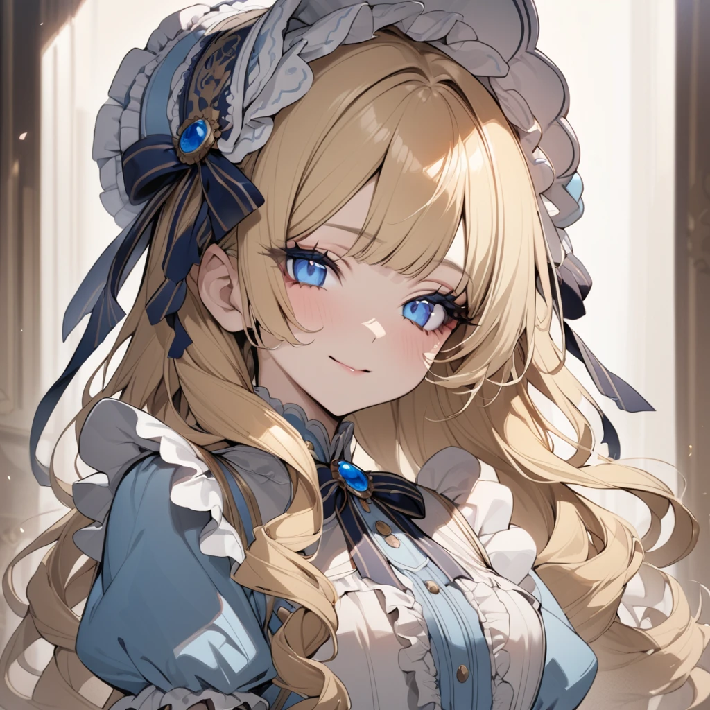 Blonde hair,sidecurls,curls,blue eyes,long eyelashes,light blue victorian dress,puffy short sleeves,frilled dress,collared dress,frilly wide brimmed Bonnet with bows,fringe bangs,bustshot,masterpiece,highress,soft smile,bishoujo